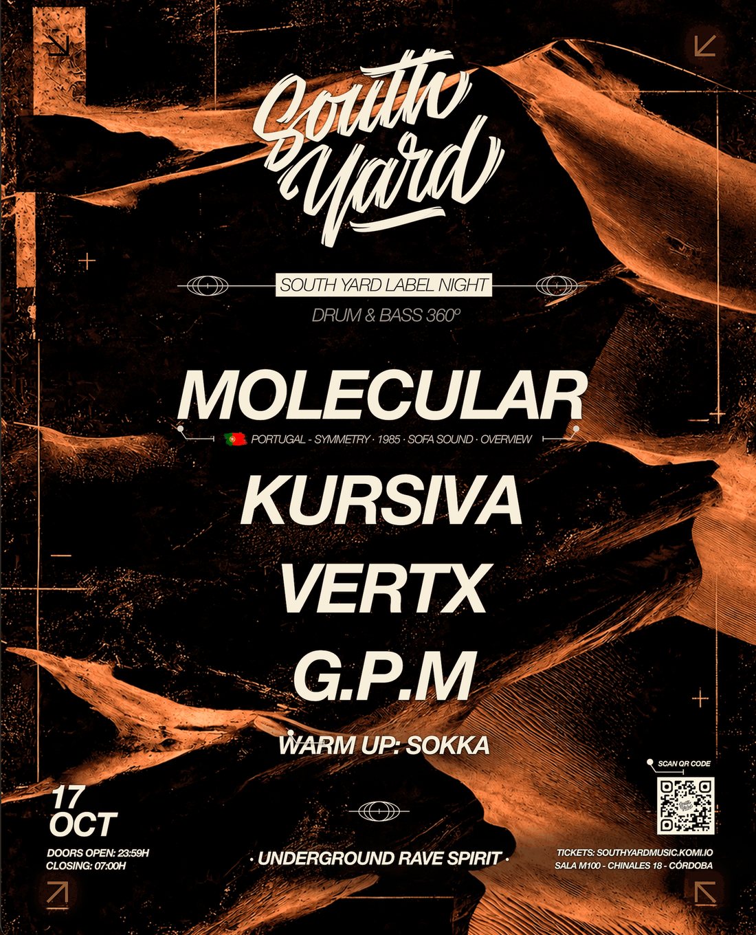 Cartel de South Yard Label Night: Molecular, Kursiva, VertX, G.P.M y warm up de Sokka. 17 de octubre de 2026, Sala M100, Córdoba